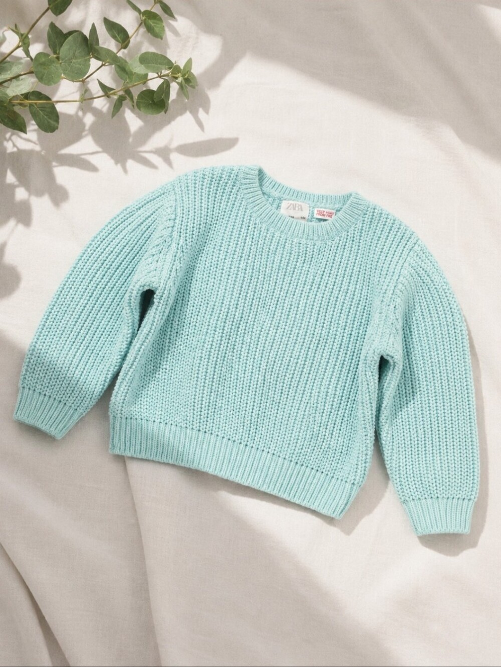 Zara Light Blue Chenille Knit Crewneck Mint Aquamarine Sweater